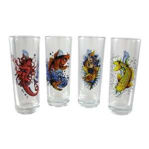  Set Of 4 Ed Hardy Ocean Tattoo Tall Shooter Glasses 