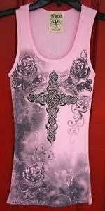 VOCAL PINK WESTERN CRYSTAL CROSS FLORAL Tank Top HOT  