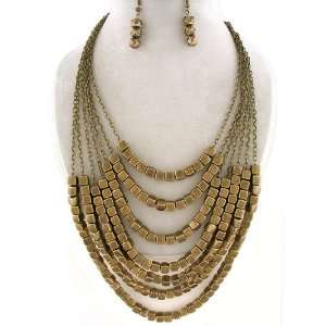 Fashion Jewelry ~ Brass Look Small Square Layers Necklace and Earring 