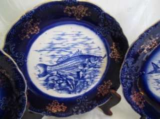 Flow Blue Rare 5 Oliver China Fish Plates  
