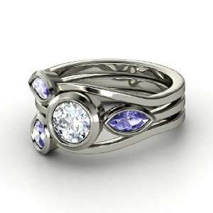  Vine Ring Set, Round Diamond Platinum Ring with Tanzanite 