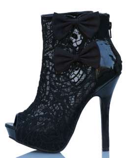 Black Lace Bow Knot Ankle Boots High Heels LIliana  