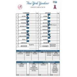  Yankees at Angels 4 24 2010 Game Used Lineup Card 