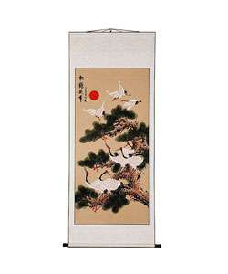 Crane and Pine Chinese Art Wall Scroll Painting  Overstock