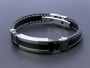 Mens Black Stainless Steel Rubber Bracelets Bangles 8  