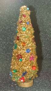 Vintage Gold Tinsel Bottle Brush Christmas Tree Bead Sequin Ornaments 