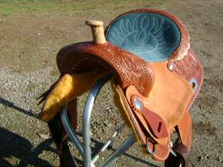 15 TURQUOISE SEAT WESTERN BARREL RACER RACING SHOW SADDLE HAND TOOLED 