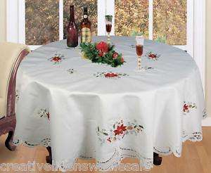Christmas Embroidery Poinsettia Tablecloth 70 ROUND +8 Napkins 