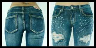   DESTROYED RIPPED WITH CRYSTALS SKINNY SLIM SEXY WOMENS JEANS SZ 27
