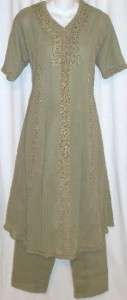   Olive Emb Indian Salwar Kameez Punjabi Sari Pant Suit L 42  