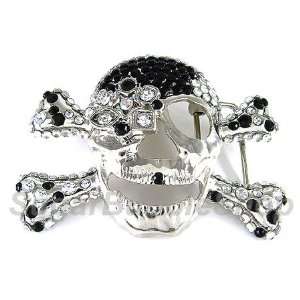  Skull & Crossbones Black and Clear Rhinestone Belt Buckle Pirate 