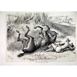  1879 Horse Rider Fallen Lying Jumping Country Scene: Home 