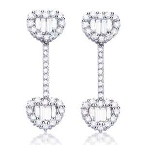 Prong Set Round Brilliant & Baguette Love Heart Drop Earrings in 18ct 