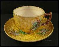 Majolica Bamboo Flower and Basket Weave Cup and Saucer  