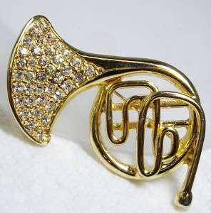   Goldtone Pave Set Swarovski Crystal Tuba or French Horn Shape Brooch