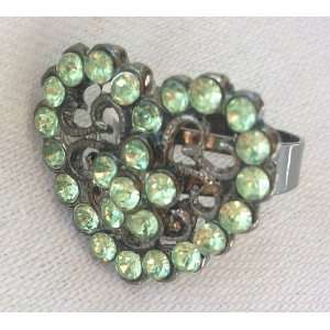   Large Green and Bronze Heart Shaped Crystal Stone Fashion Costume Ring