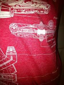 STAR WARS T Shirt Millenium Falcon Blue Print Skematics Vintage Red 