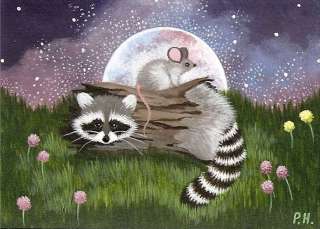 ACEO, PRINT, RACCOON, MOUSE, MOON, STARS, FLOWERS  