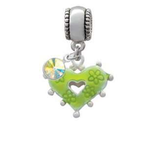  Two Sided Lime Green Enamel Heart with Flowers European 