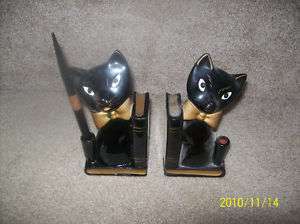 Vintage Black Cat Bookends & Pen Holders for Desk Set  