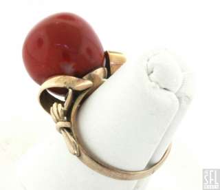 VINTAGE 18K GOLD 12.5mm RED CORAL SOLITAIRE COCKTAIL RING SIZE 4.25 