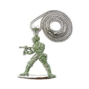 Silver Iced Out Green Army Man Pendant with a 36 Inch Franco Chain G.I 