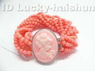 AAA 10Stds 100% natural pink coral bracelet cameo clasp  