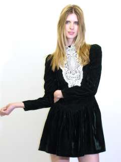  80s mini dress gorgeous victorian lace neckline velvet drop waist 