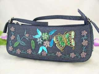 Elegant Blue Denim/Jean Beaded Butterfly Handbag Purse  