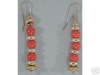 Oxblood Red Coral & Gold Dangle Earrings 14K YG  