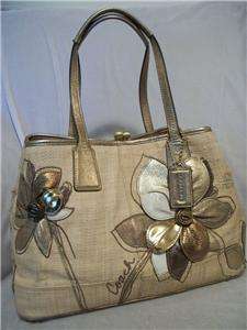 COACH 14867 Straw Floral Hamptons Leather Tote HandBag Kiss lock bag 