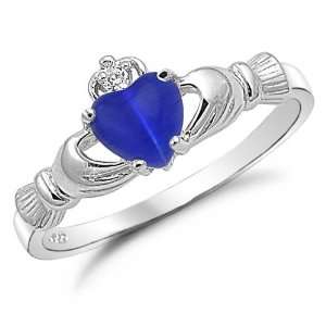  Sterling Silver Blue Sapphire Cats Eye Claddagh Ring Size 