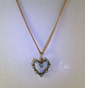 Vintage Necklace Heart w Blue Faux Topaz Rhinestones  