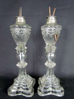 Pair of 1850s Sandwich Glass Presentation Oil Lamp w/Etched Fonts 