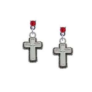  Silver Cross with Rope Border Red Swarovski Charm Earrings 