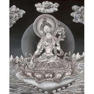  White Tara in Black and White   Tibetan Thangka Painting 