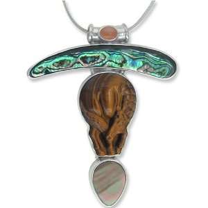 Carved Tigers Eye Horse, Paua Shell and Pink Moonstone Pendant 