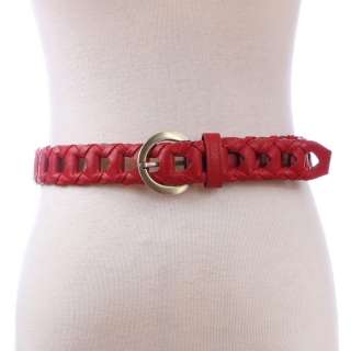 Women Red Adjustable Woven Braided Thin Skinny Belt YX1605RD  