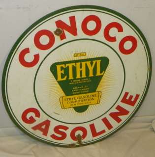 Antique Conoco Ethyl Gasoline Enamel Advertising Sign  