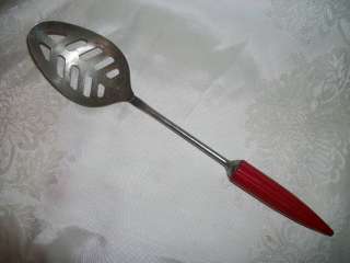 Large Vintage Red Bakelite Handle Straining Serving Spoon  