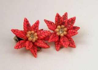 VINTAGE EARRINGS Xmas Red 3D Pointsetta Flower Clips Confetti  