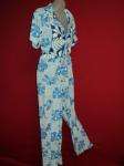   JAMS WORLD Blue Crinkled Hawaiian Floral TAHITI Top Pants Outfit Large