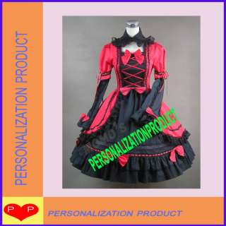 Sweet gothic lolita cute bows black lace red Cosplay Knee Length dress 