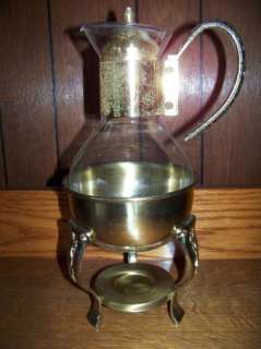   glass & gold metal decanter carafe coffee pot pourer warmer stand lid