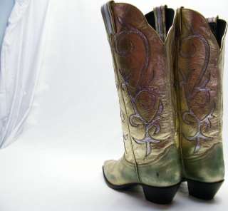 WOMENS LARRY MAHAN GOLD GREEN SILVER LEATHER INLAID COWBOY WESTERN 