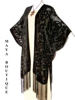 Caftan Kimono Duster Burnout Velvet Art Nouveau Black  