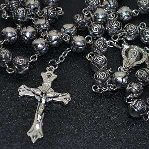 Rosenkranz mit ROSEN Perlen silber Kette Kreuz Anhänger Damen Herren 