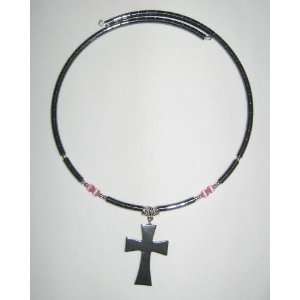 Black Hematite Healing Necklace with Cross (Pink Beads 