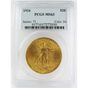  1924 US St Gaudens $20 Gold Coin PCGS Certified MS 63 