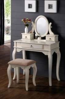 ANTIQUE WHITE VANITY MAKEUP TABLE SET CURVED LEGS MIRROR & STOOL 
